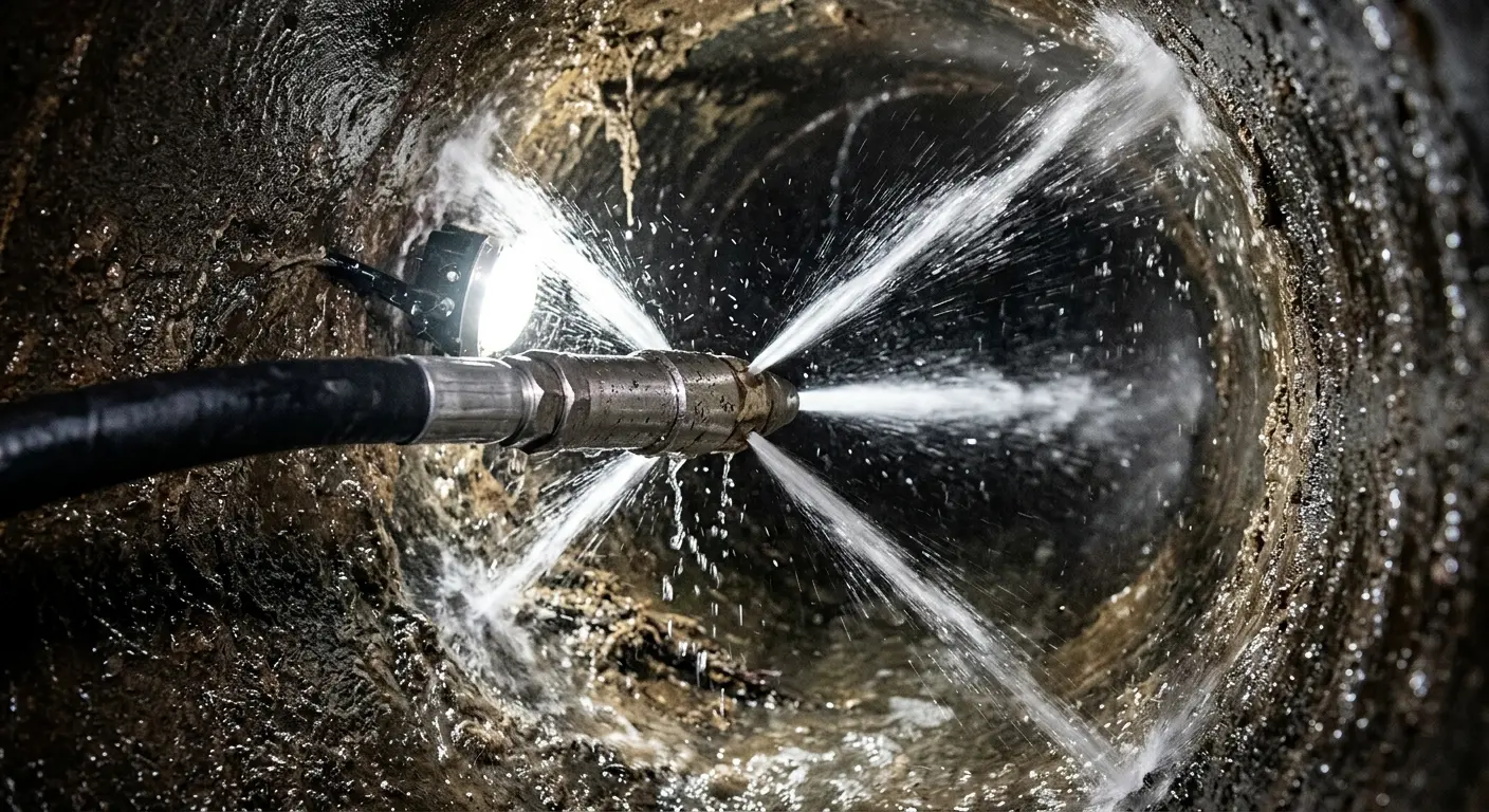 High-pressure hydro jetting nozzle cleaning sewer pipe for Emergency Drain Service in Minot