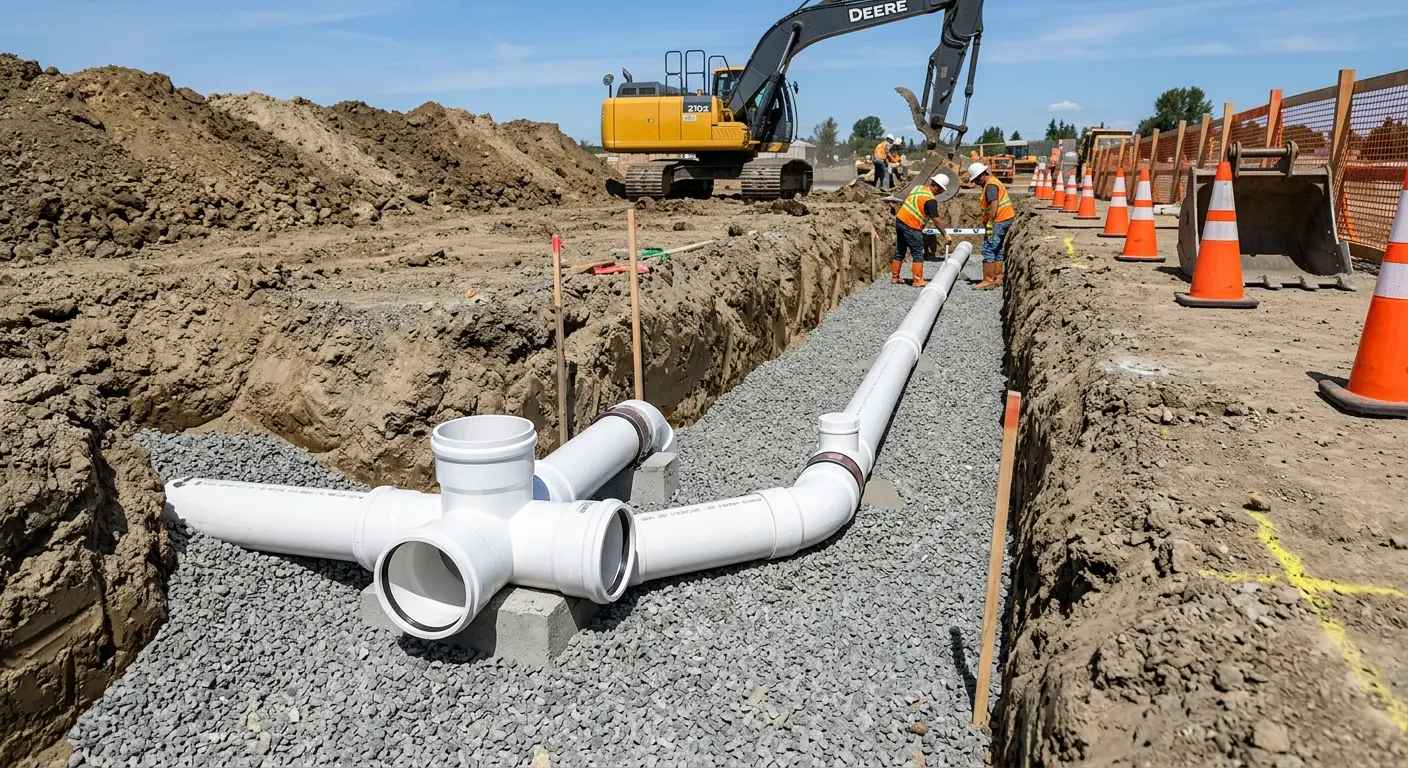 New PVC sewer pipe installation in open trench for Sewer Backup in Minot