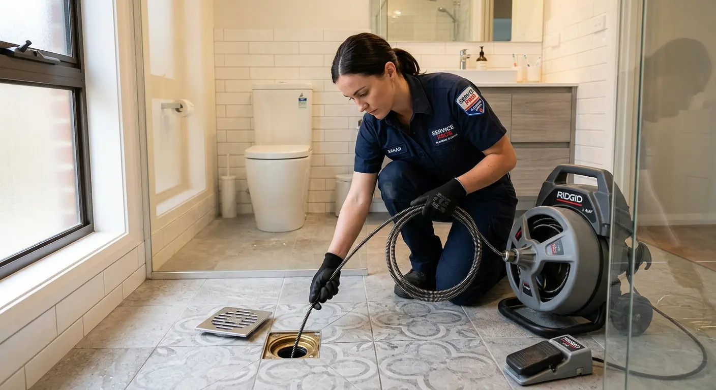Technician clearing a bathroom floor drain for Sewer Line Replacement in Minot